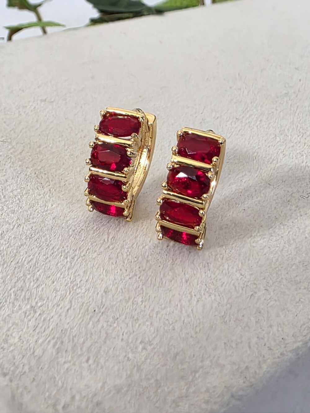 Gold Filled Huggie Hoops Ruby Red Zircon